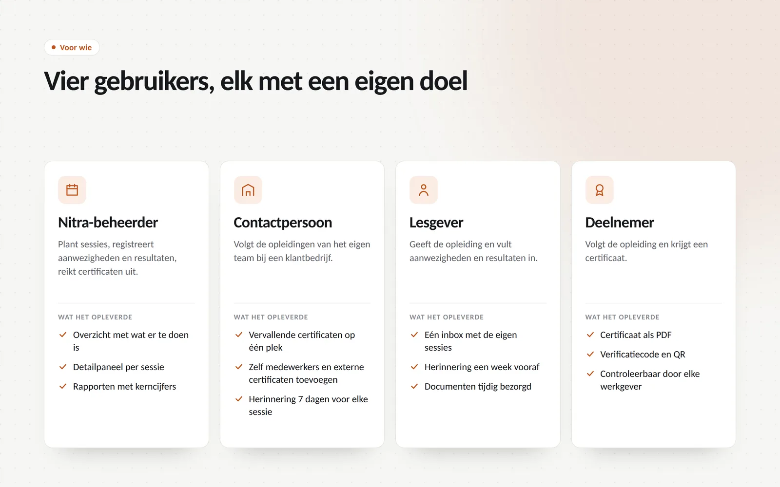 Vier gebruikerstypes, elk op een kaart met hun doel en wat de herbouw hen opleverde.