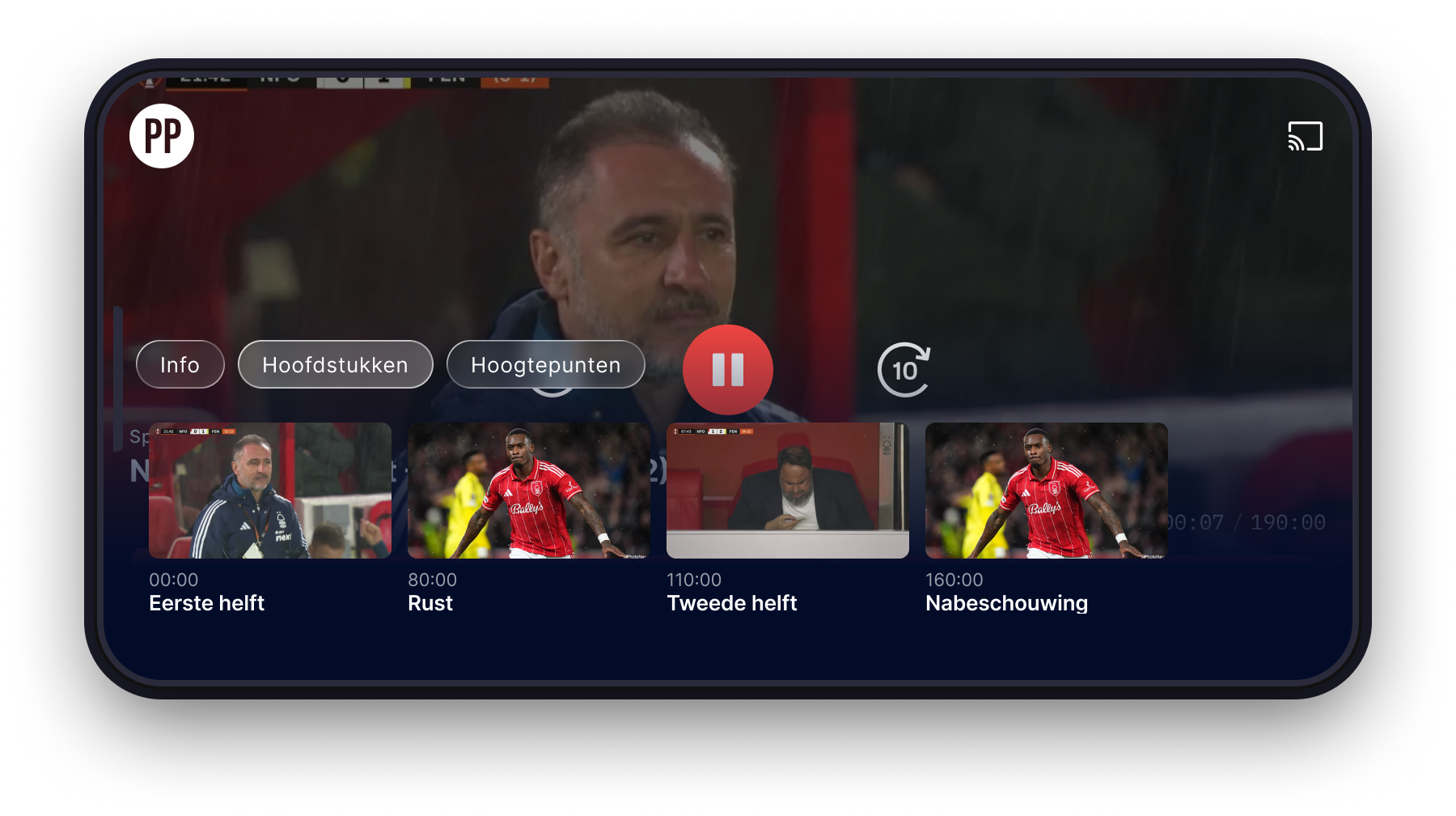 VRT MAX player Chapters view, with thumbnails for Eerste helft, Rust, Tweede helft and Nabeschouwing along the bottom