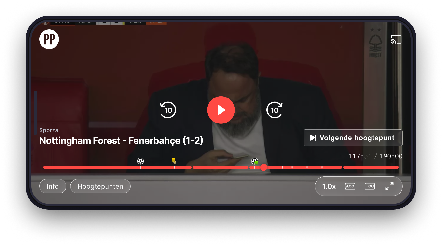 VRT MAX player with highlights marked on the timeline, a goal, a yellow card and a penalty, plus a 'Volgende hoogtepunt' next-highlight button