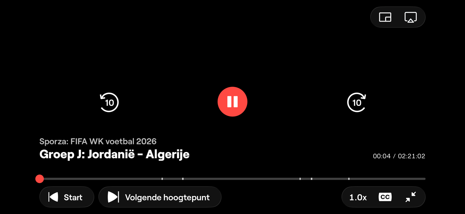 VRT MAX player at the start of a World Cup match, with small white highlight markers spaced along the timeline