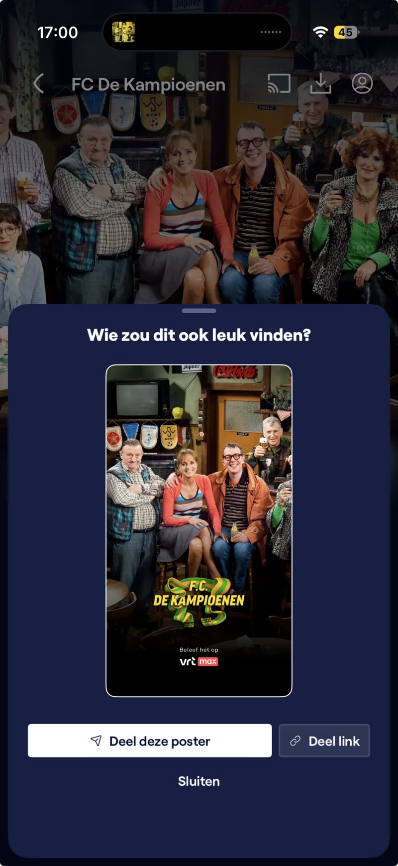 VRT MAX share sheet titled 'Wie zou dit ook leuk vinden?' with a generated poster for FC De Kampioenen and options to share the poster or a link