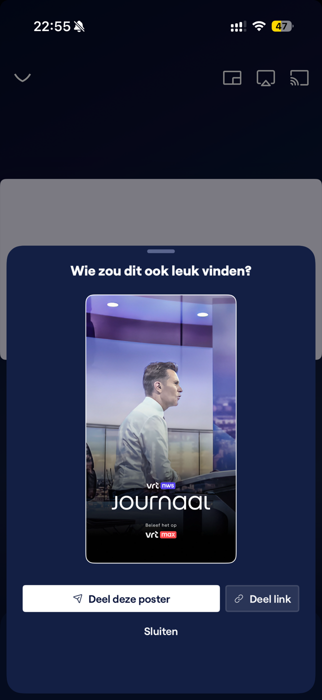 VRT MAX share sheet titled 'Wie zou dit ook leuk vinden?' showing a generated poster with options to share the poster or a link